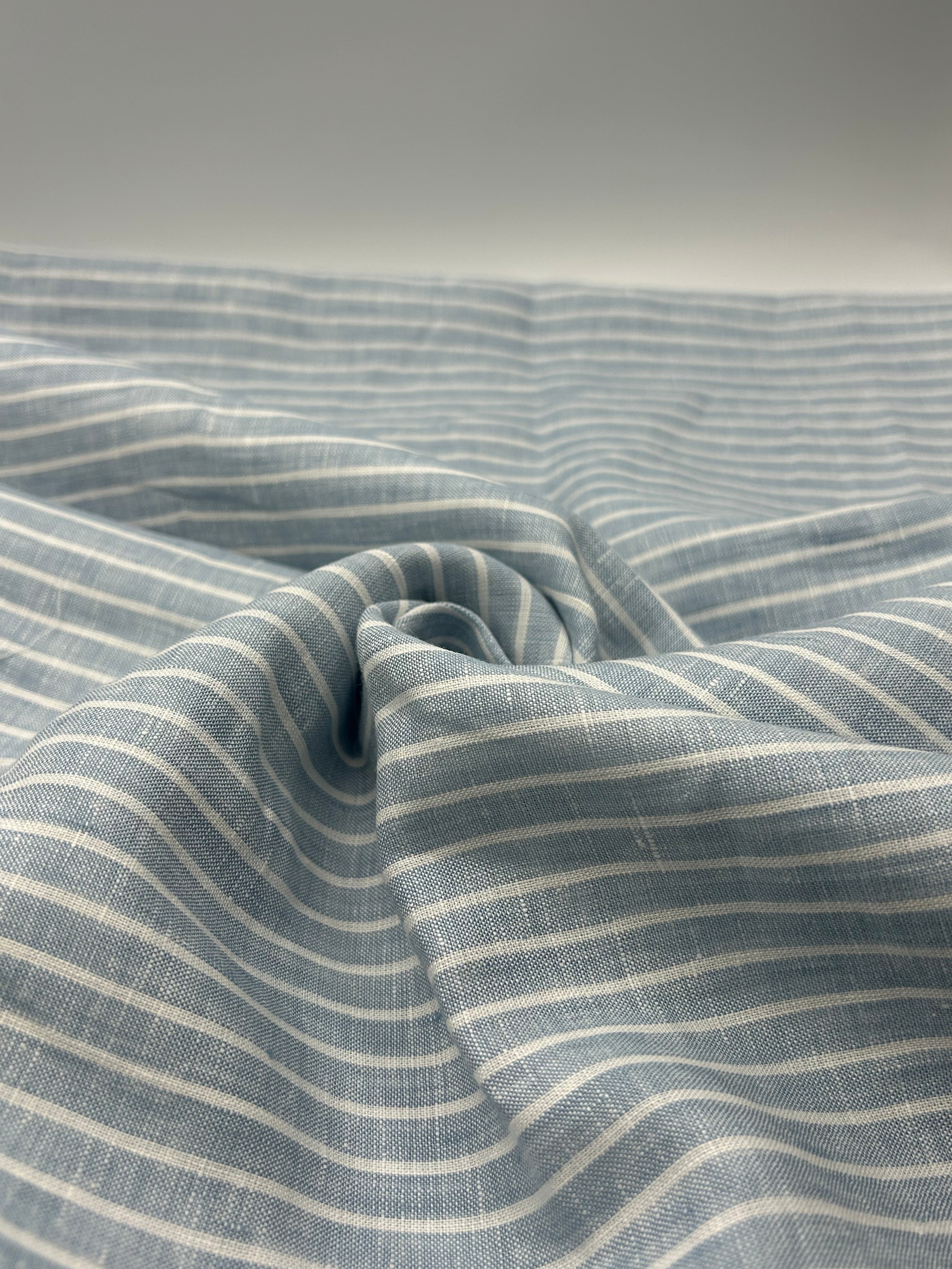 %100 Keten Kumaş - Mavi Çizgili