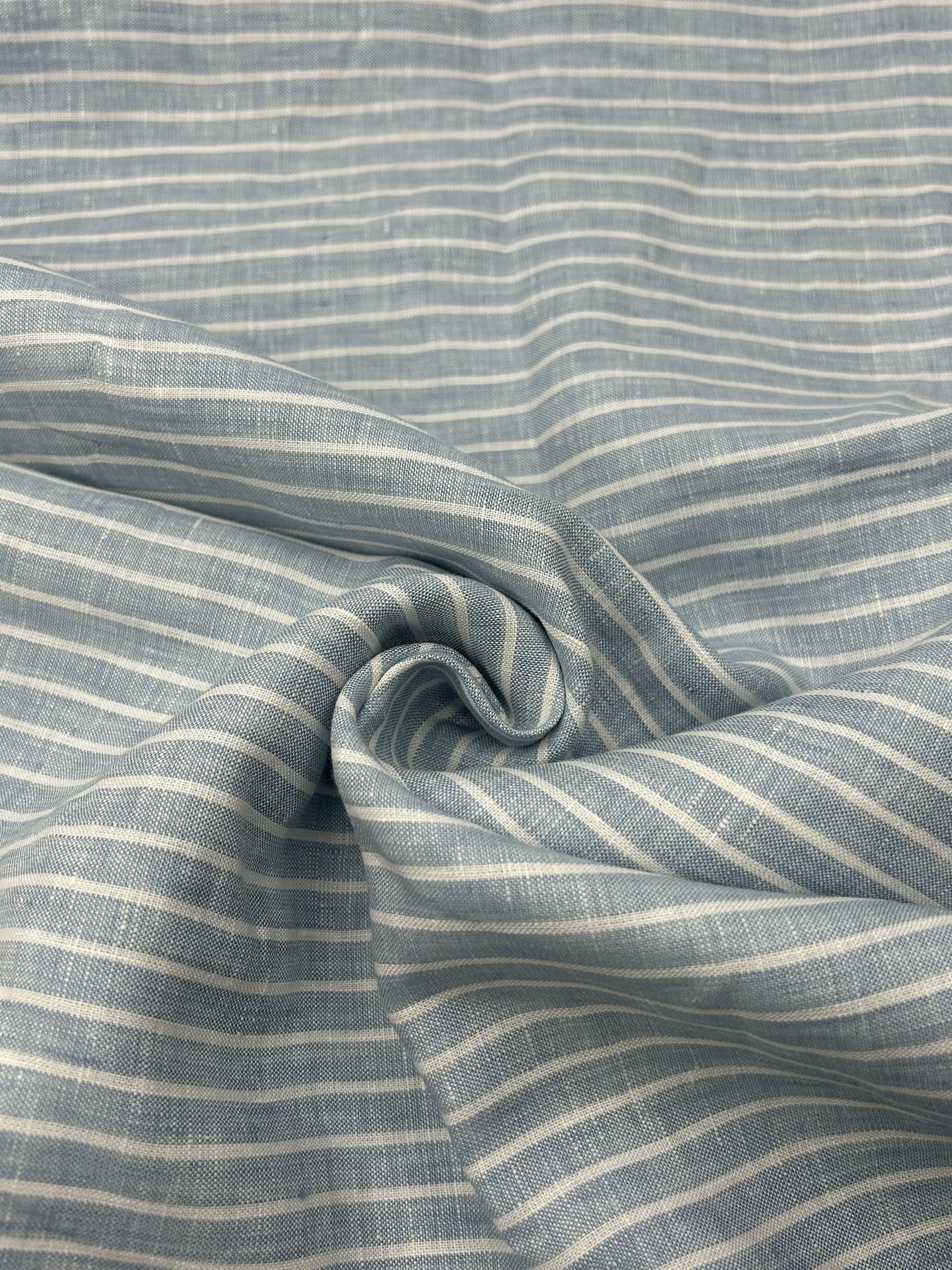 %100 Keten Kumaş - Mavi Çizgili