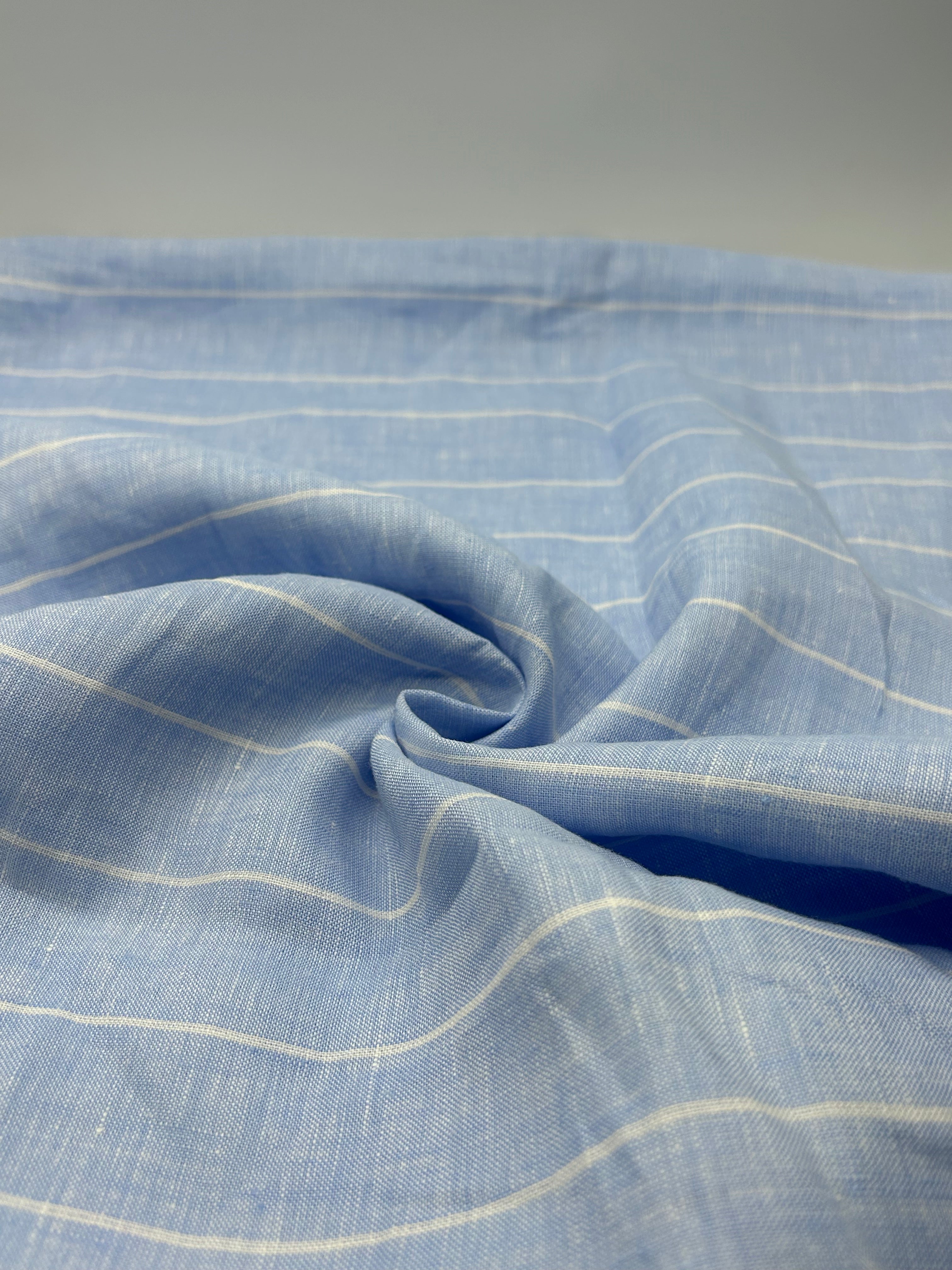 %100 Keten Kumaş - Gök Mavi Çizgili