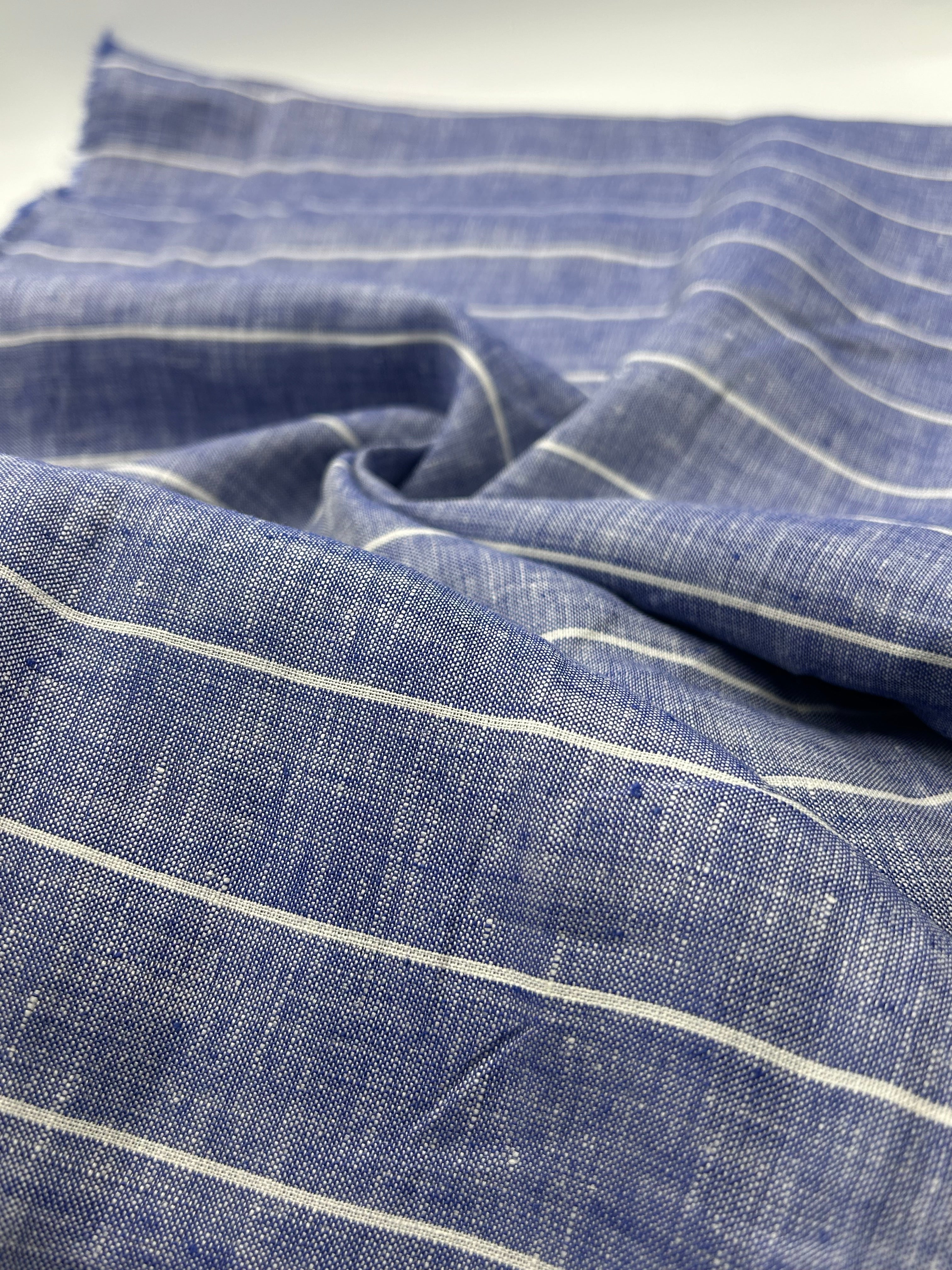 %100 Keten Kumaş - İndigo Çizgili