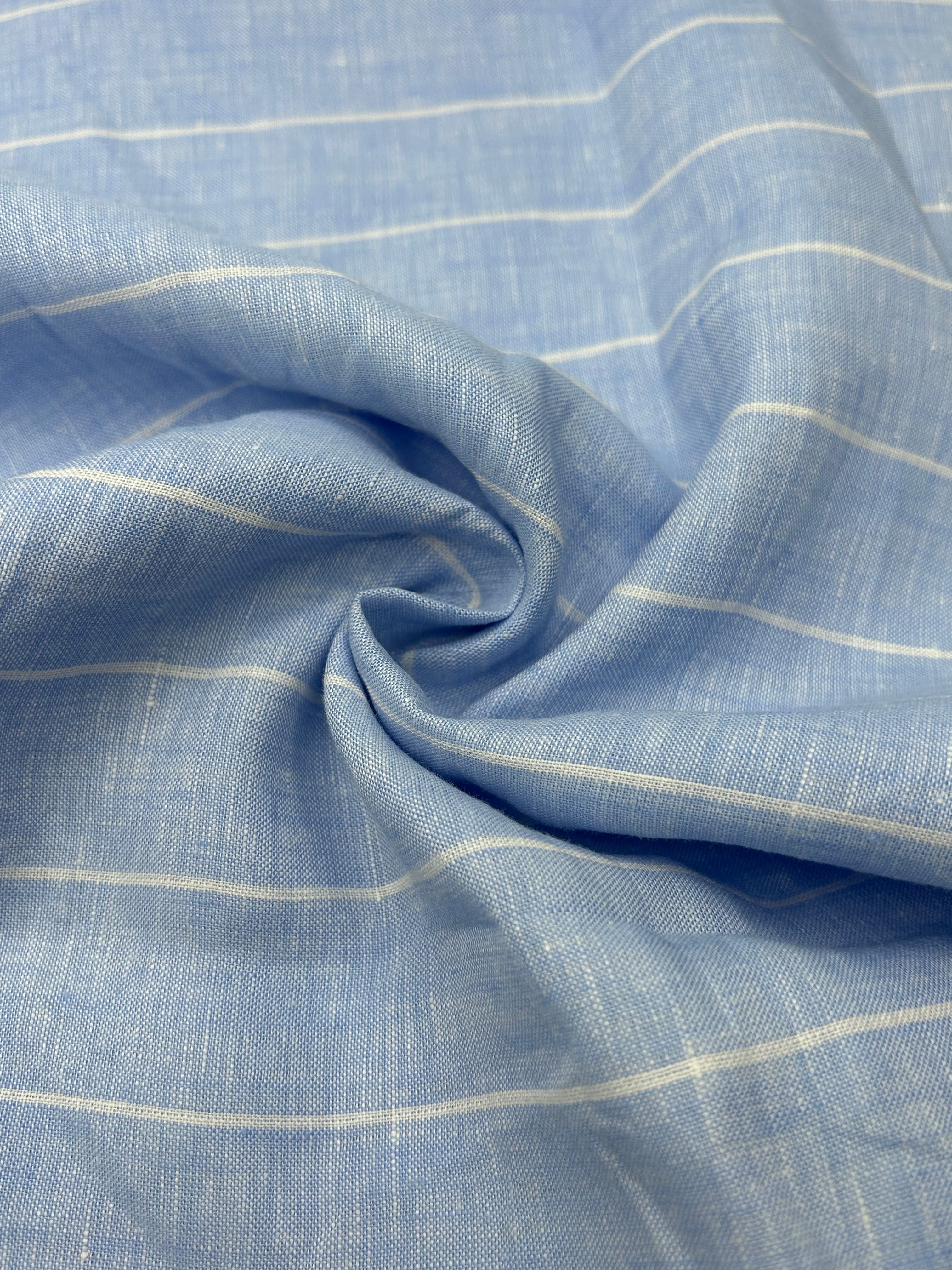 %100 Keten Kumaş - Gök Mavi Çizgili