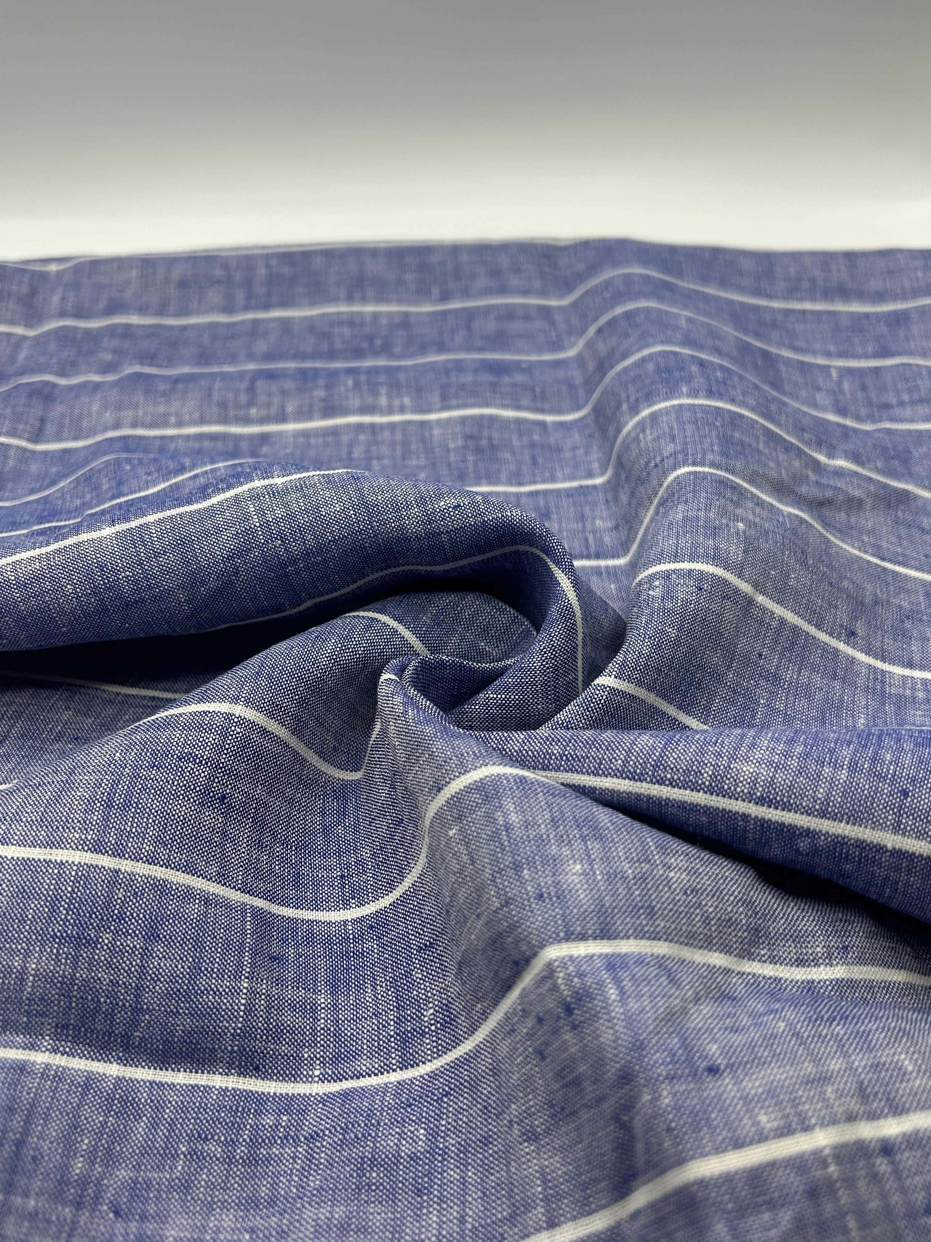 %100 Keten Kumaş - İndigo Çizgili