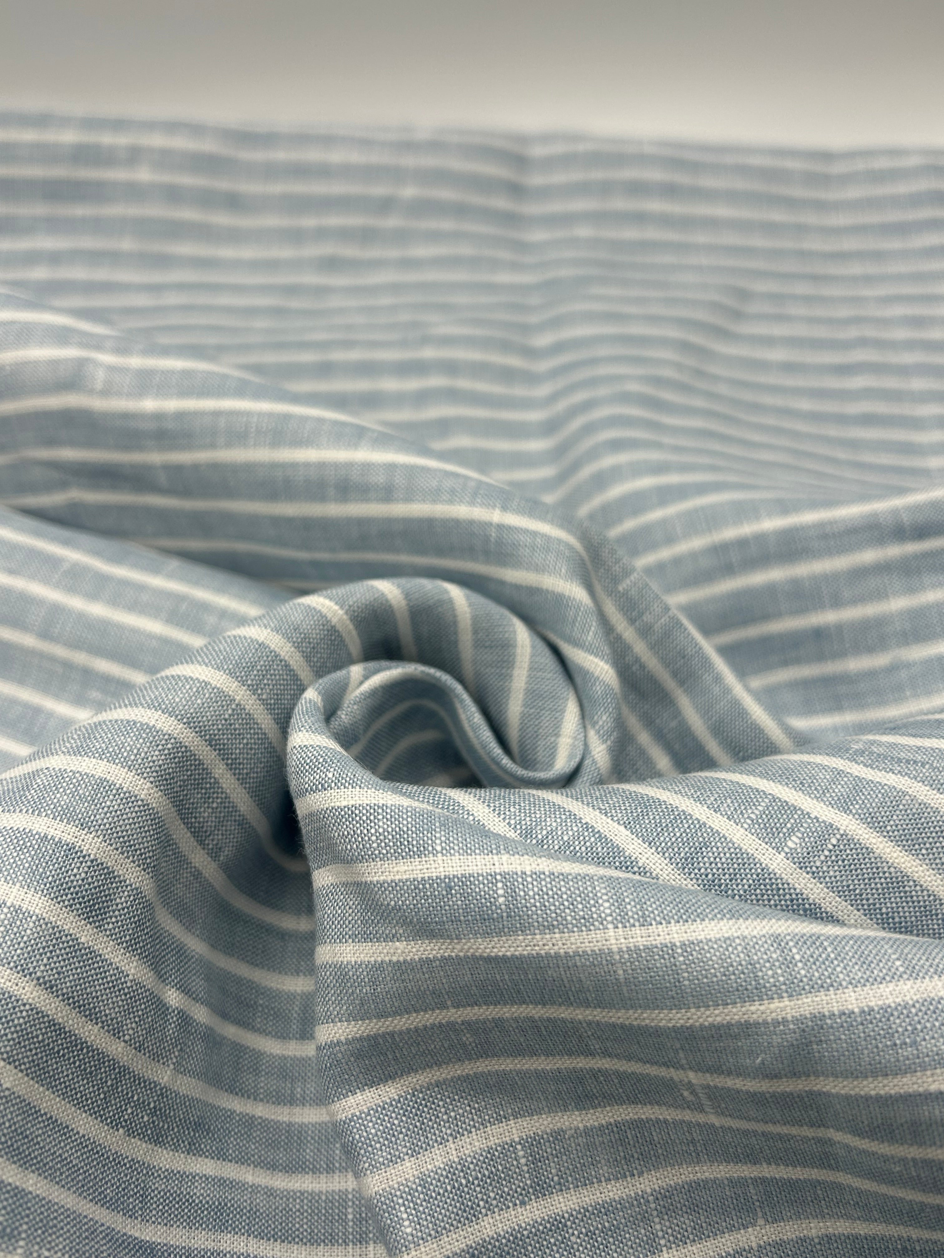 %100 Keten Kumaş - Mavi Çizgili