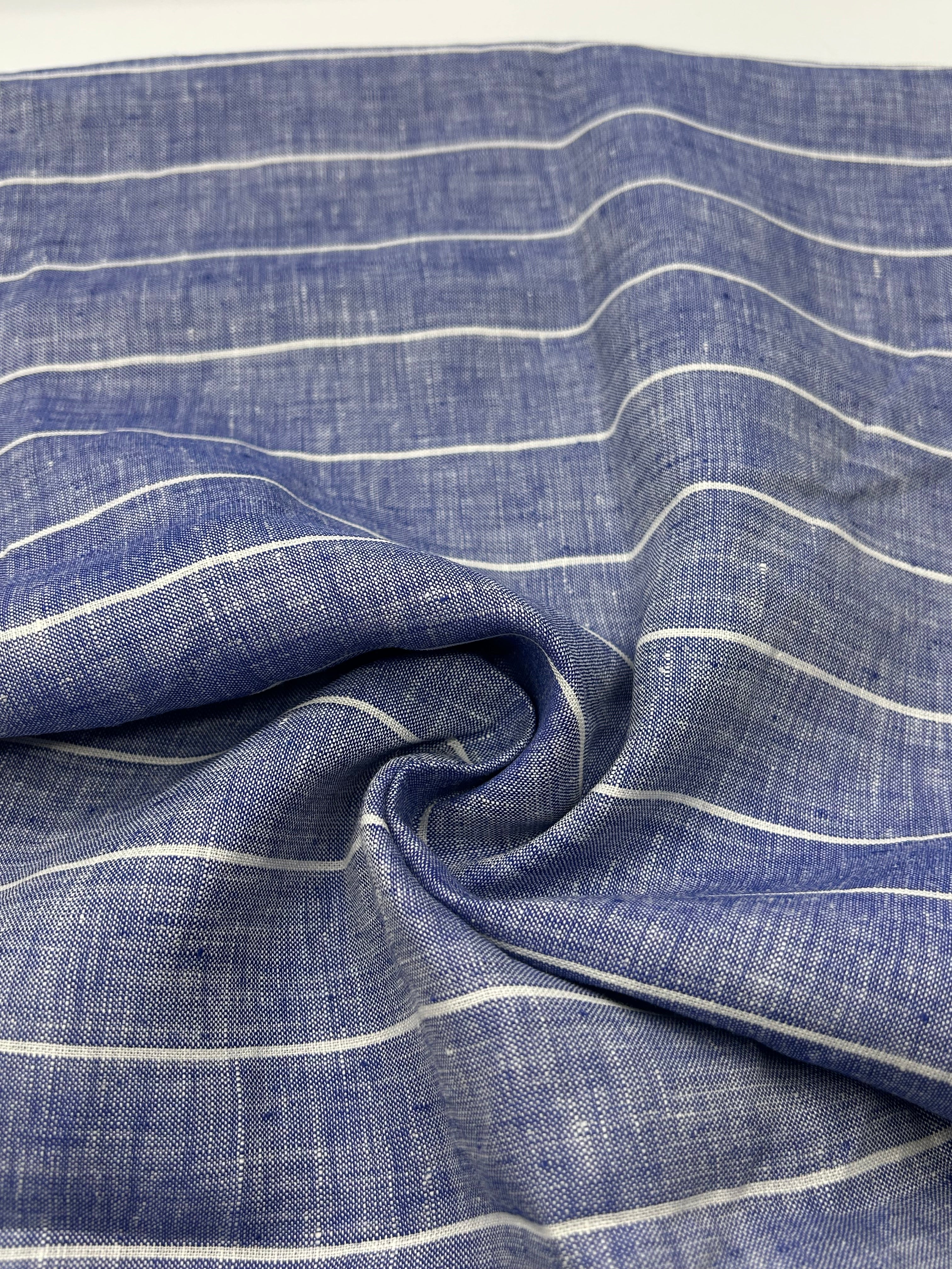 %100 Keten Kumaş - İndigo Çizgili